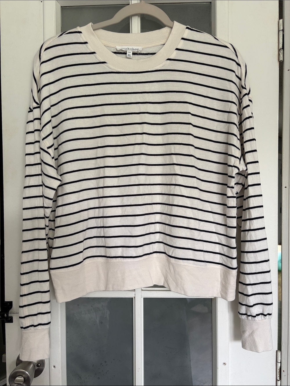 Workshop Republic Clothing Striped Crewneck Sweater in Cream and Navy